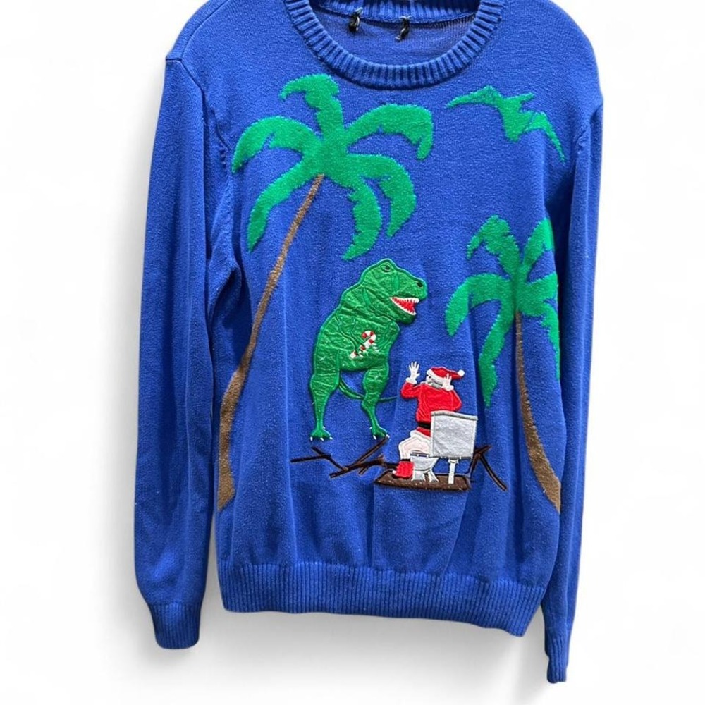 Men's thrashed Christmas‎ sweater with dinosaur and Santa no tag runs like small
